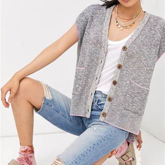 Pilcro "Washed" sweater vest academia pink trim S boxy heathered oversized - Picture 4 of 12